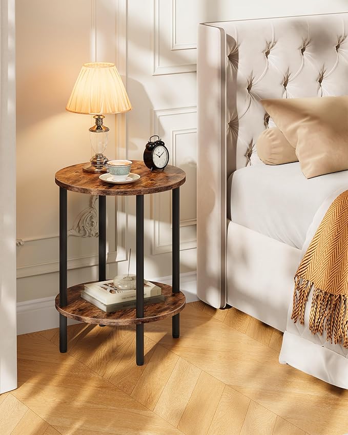 Round Side Table, 2-Tier End Table, Small Side Table with Metal Tube, Industrial Coffee Table, for Living Room, Bedroom, Rustic Brown and Black TBZ11BF