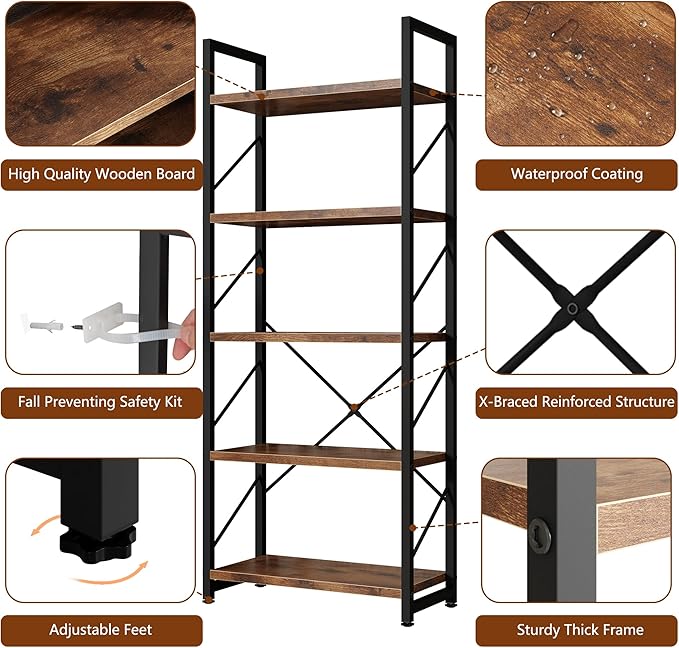 Shintenchi 5 Tiers Bookshelf, Classically Tall Bookcase Shelf, Industrial Book Rack, Modern Book Holder in Bedroom/Living Room/Home/Office, Storage Rack Shelves for Books/Movies-Rustic Brown