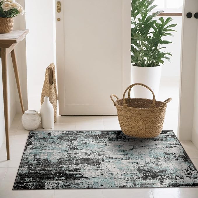 Washable Area Rugs 4'x6' Non-Slip Modern Abstract Soft for Living Room Entryway Bedroom Nursery, Print Pattern, Blue Black Teal
