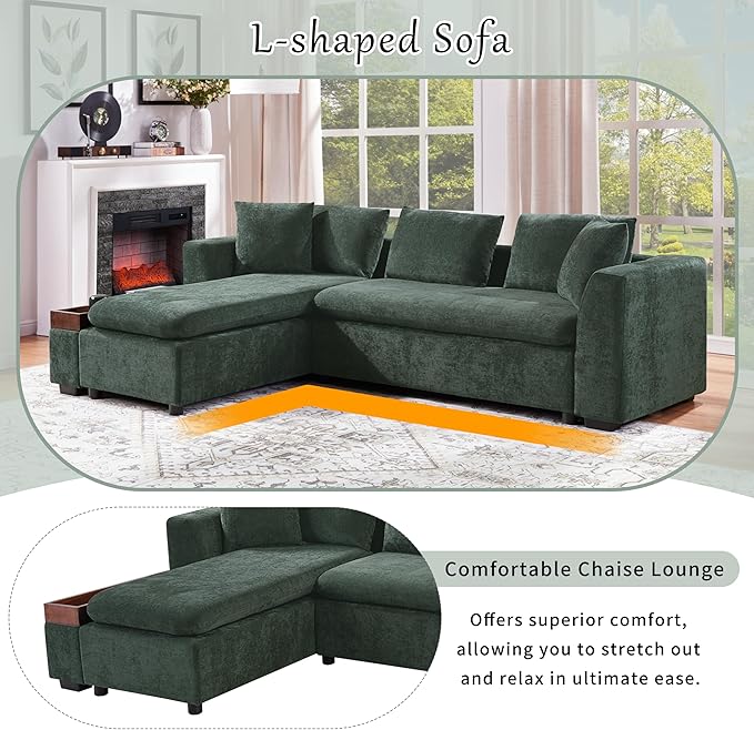 Merax 93.7" L-Shaped Sectional Sofa with Wooden Storage Compartment, Chenille Upholstered Deep Seating Sleeper Couch & Chaise Lounge and Throw Pillows for Living Room, Green
