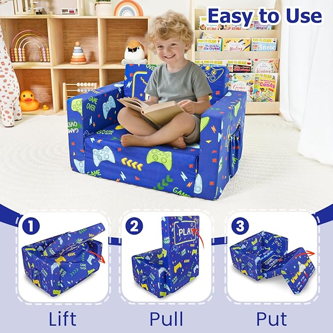 Kids Couch, 2-in-1 Kid Fold Out Couch, Convertible Kids Sofa to Lounger for Girls and Boys, Soft Toddler Chairs Comfy 1-3 Years Old(Gamepad)