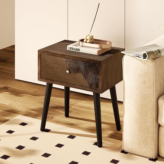 COSIEST Nightstand with Storage Drawer, Mid Century Modern Nightstand, Accent Side Table, Vintage Wood Luxury Night Stand Small Wood End Table for Bedroom, Living Room, Walnut