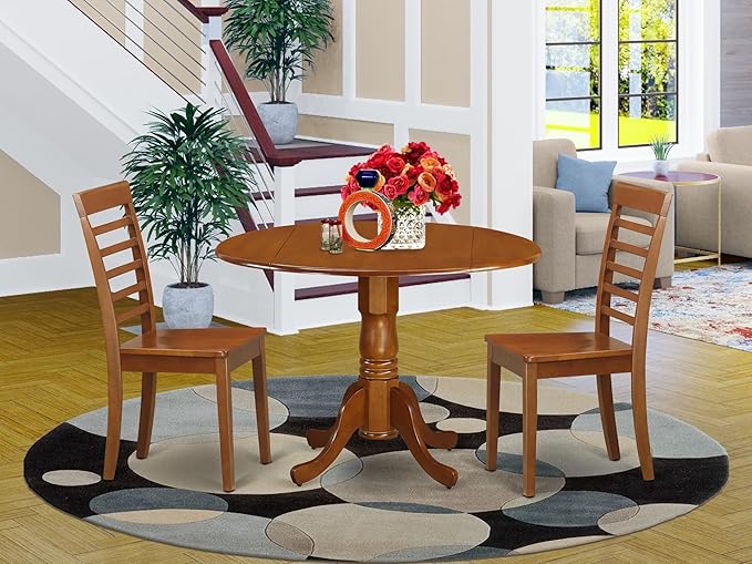 East West Furniture DLML3-SBR-W 3 Piece Kitchen Table Set for Small Spaces Contains a Round Dining Table with Dropleaf and 2 Dining Room Chairs, 42x42 Inch, Saddle Brown