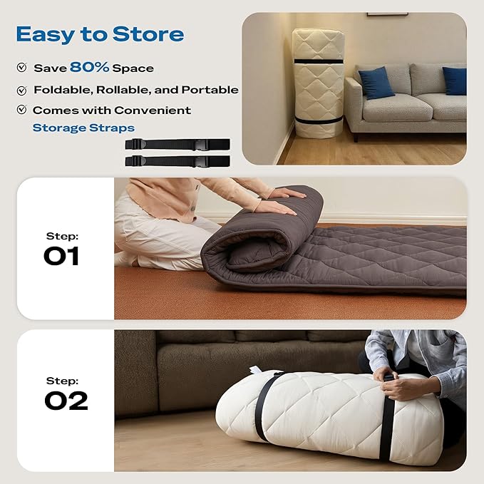 Japanese Floor Futon Mattress, Roll Up Tatami Mat, Sleeping Pad, Shikibuton, CertiPUR-US Certified Foam Floor Bed Mattress for Sleeping, Dormitory, Guest Bed, Designed in Japan(Grey, Full)
