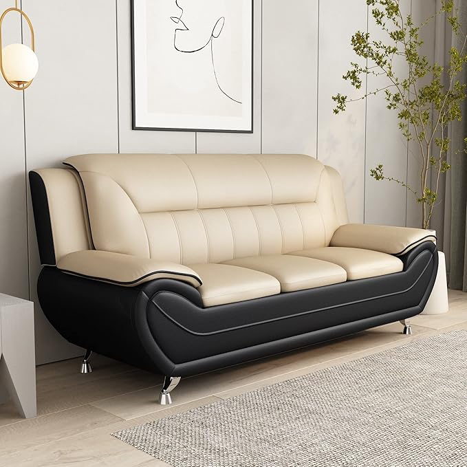 Container Furniture Direct Michael Modern Faux Leather Upholstered Stainless Steel Legs Living Room Sofa, Camel/Black