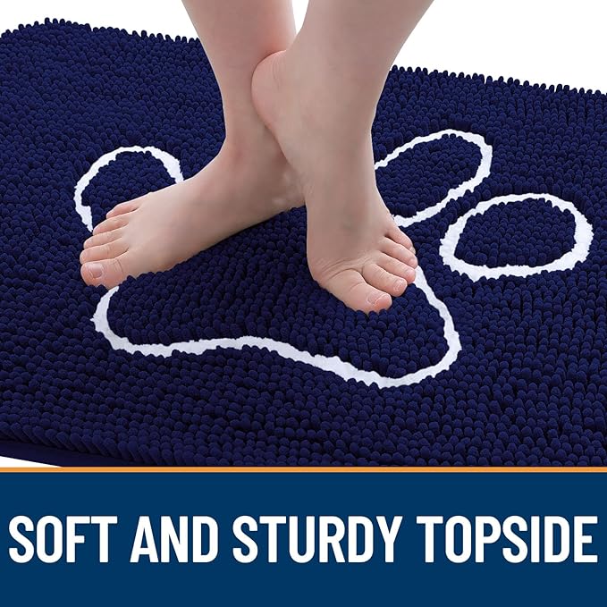 OLANLY Door Mat for Muddy Dog Paws 59x35, Ultra Absorbent Chenille Mud Doormat with Paw Print Design, Non-Slip Washable Doormat for Indoor Entryway, Quick-Dry Pet Bed Mats for Dirty Dogs, Navy Blue