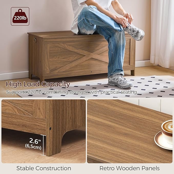 43.3" Toy Chest, Sturdy Entryway Storage Chest with Safety Hinges, Retro Toy Box, Wooden Look Accent Furniture for Living Room, Bedroom, Honey Brown SCOR48501