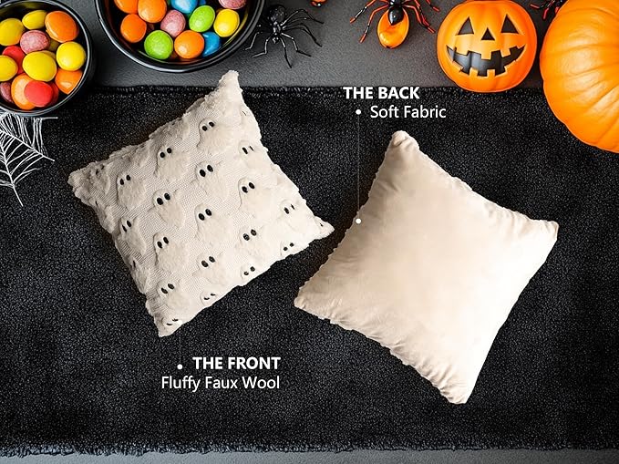 4TH Emotion Halloween Ghost Decorative Pillow Covers 18x18 Set of 2, Beige Soft Plush Faux Fur Farmhouse Throw Cushion Cases for Fall Autumn Holiday Home Decorations