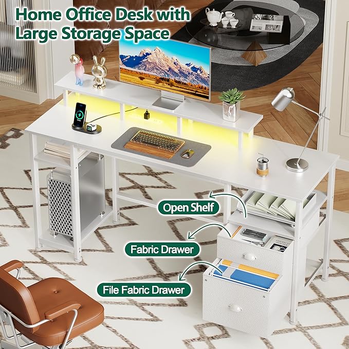 Furologee 61" Computer Desk with Power Outlet and LED Lights, Reversible Gaming Desk with File Cabinet & Monitor Stand for Home Office, Large Work Table with Storage Shelves & Drawer, White