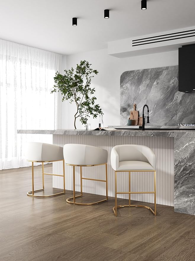 Manhattan Comfort Louvre 26 Inch Mid Century Modern Counter Height Bar Stools - Elegant Faux Leather Padded Seat, Stainless Steel Base with Footrest, Fully Assembled Barstools, Set of 3, Cream