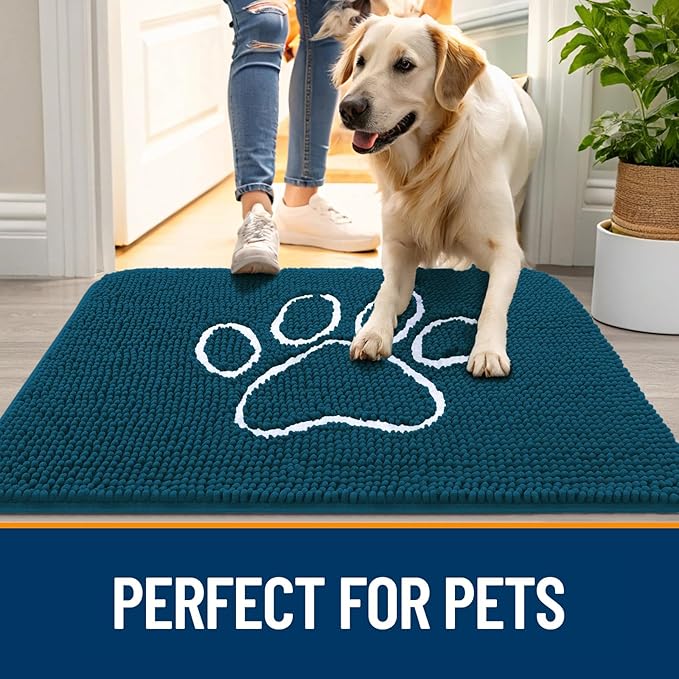 OLANLY Door Mat for Muddy Dog Paws 48x30, Absorbent Chenille Mud Doormat with Paw Print Design, Non-Slip Washable Doormat for Indoor Entryway, Quick-Dry Pet Bed Mats for Dirty Dogs, Atlantic Blue