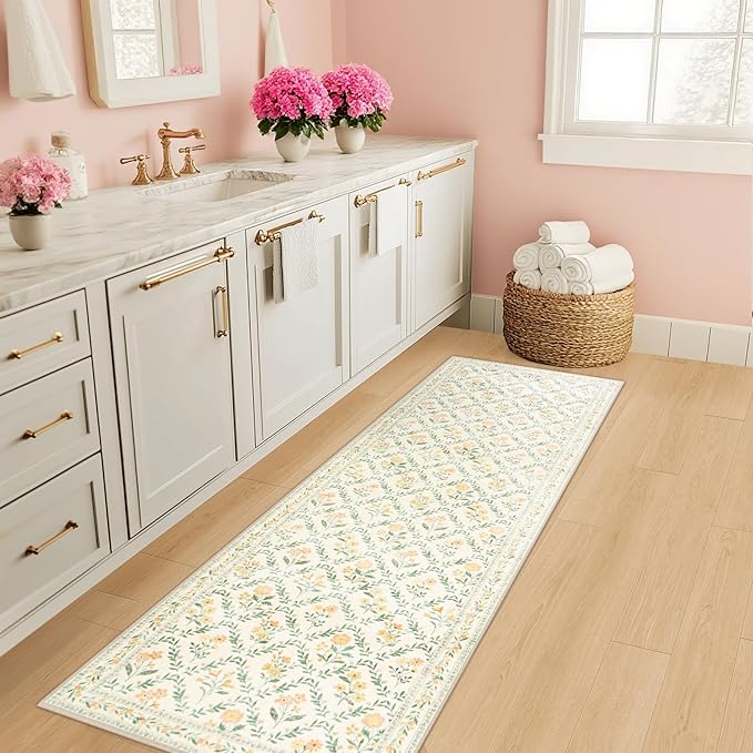 Runner Rug for Entryway: 2x10 Kitchen Rugs Non Slip Washable Ultra-Thin Soft Floral Carpet Indoor Floor Stain Resistant Carpets for Hallway Bedroom Kitchen Laundry Bathroom Dorm Beige/Multi