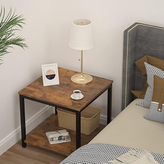 Homieasy Side Table 20 Inch Square, 2-Tier Coffee Tea End Table Nightstands for Sofa Couch Bed, Metal Wood Accent Modern Simple Industrial Style Side Table for Living Room Bedroom, Rustic Brown