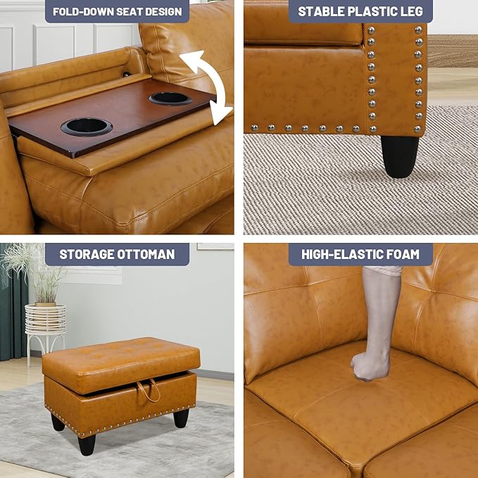 L Shaped Modular Sectional Sofa with Reversible Chaise Lounge, 5-Seater Corner Couch, PU Leather Convertible Sofá w/Movable Ottoman, Cup Holders, 2 Pillows and Rivet Ornament for Living Room