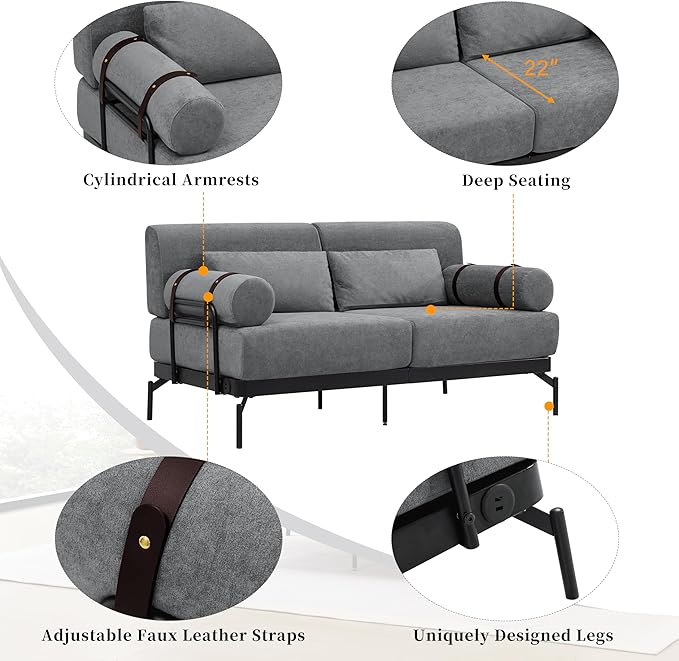 Modern Loveseat Sofa 59" Sofa Couch 2-Seater Sofa with Flexible USB Ports, Unique Cylindrical Armrests for Living Room, Grey