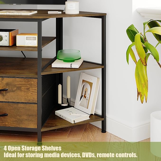 Corner TV Stand for 55 Inch TV, Farmhouse Entertainment Center with 2 Drawers Storage, Corner TV Console with Power Outlet, Retro Brown Media Console for Living Room, Brown