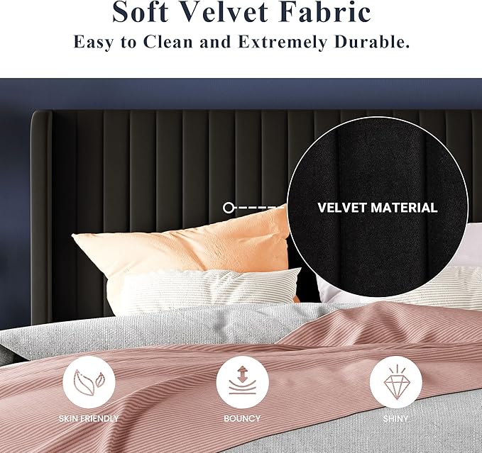 Allewie Full Size Velvet Bed Frame/Vertical Channel Tufted Wingback Headboard/Upholstered Platform Bed/Strong Wooden Slats/No Box Spring Needed/Easy Assembly/Black