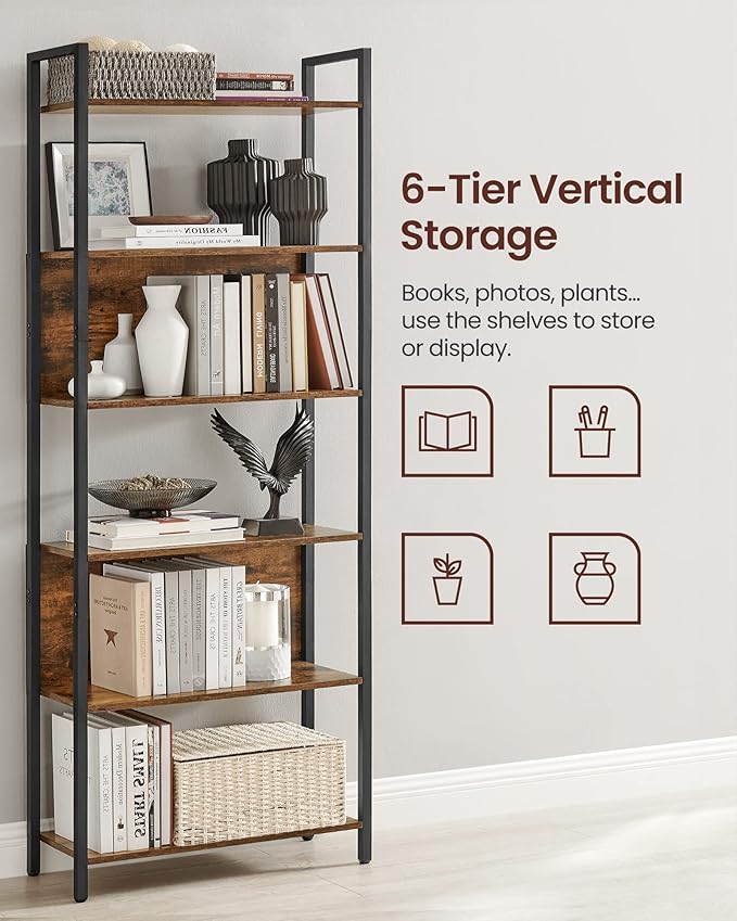 VASAGLE 6-Tier Bookshelf, Book Shelf, Industrial Bookcase, with Steel Frame, for Living Room, Home Office, Bedroom, 9.4 x 23.6 x 73.2 Inches, Rustic Brown and Black ULLS113B01
