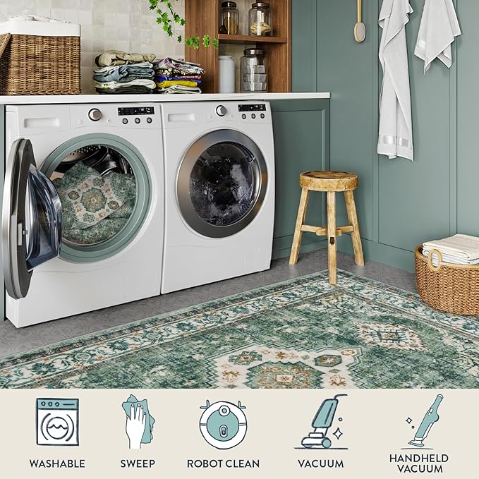 Lahome Oriental Hallway Runner Rug, 2.5x8 Kitchen Runner Non Slip Ultra-Thin, Soft Washable Hallway Rug Non Shedding Long Carpet for Entryway ‎Laundry Room Bathroom, Green/Multi