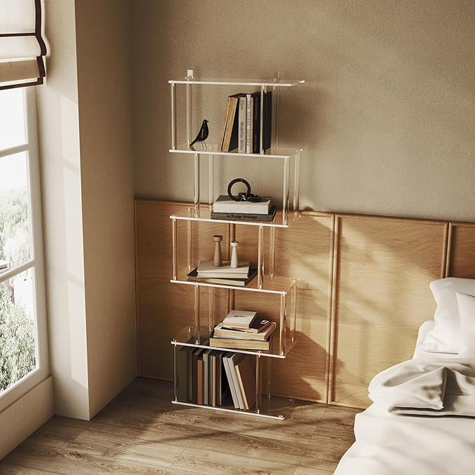 Acrylic Geometric Bookshelf, 6-Tier Clear Bookcase, S Shaped Bookshelf, Modern Display Book Shelf for Living Room, Bedroom, Office, 9.3" D x 22.4" W x 61.46" H, Easy Assembly