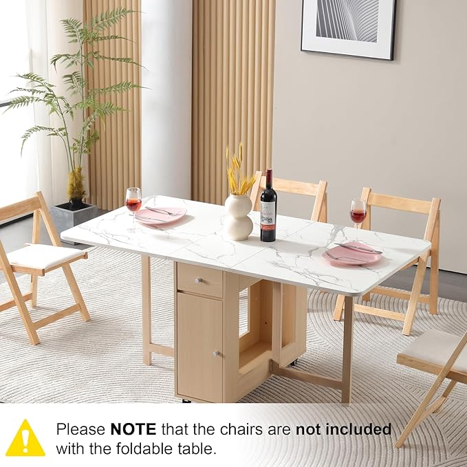 Drop Leaf Table Extendable, Foldable Kitchen Table Space Saving, Folding Dining Table with 2 Drawers and 4 Wheels, Dining Table for Living Room, Farmhouse， RV(Marble Wood)