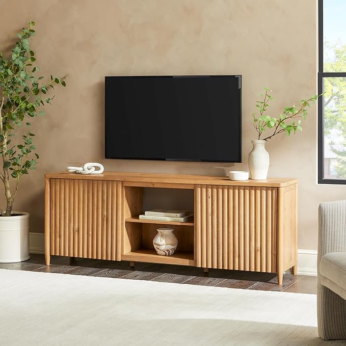 Walker Edison Flynn Scandinavian Reeded TV Stand with Open Storage for up to 80" TV, English Oak