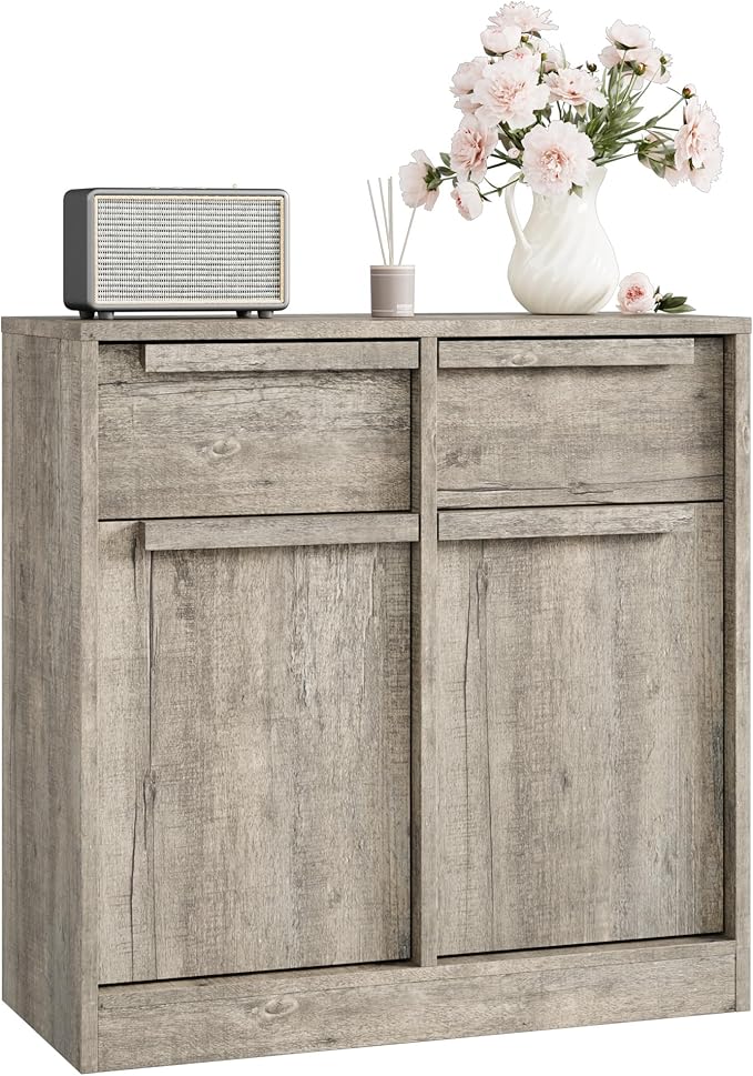 GarveeHome Sideboard Buffet Cabinet with 2 Drawers, 31.5" Large Coffee Cabinet with Storage, Modern Storage Buffet Table for Kitchen Dining Room, Living Room (Grey, 2 Doors & 2 Drawers)