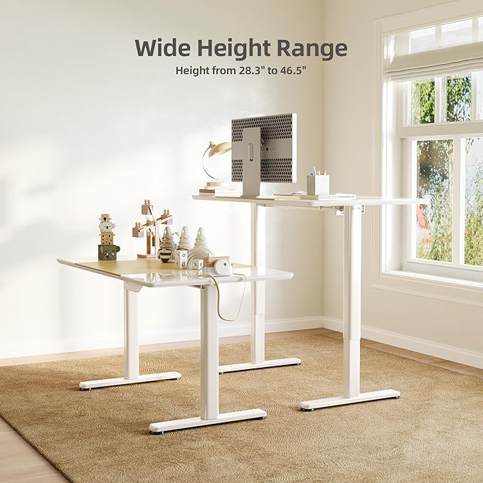 INNOVAR Glass Standing Desk, 48 x 24 Inches Height-Adjustable Desk, Tempered Glass and Wooden Top, Quick Install Home Office Stand Up Desk with 4 Presets, White Glass and Natural Wood