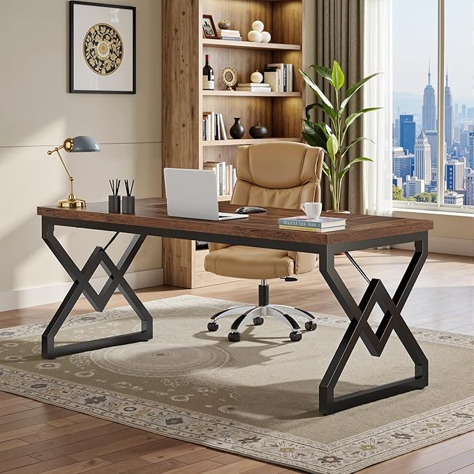Tribesigns 63-inch Executive Desk, Large Office Computer Desk with Extra Thick Wooden Tabletop and Metal Frame, Modern Simple Workstation Writing Table Study Desk for Home Office, Vintage Brown