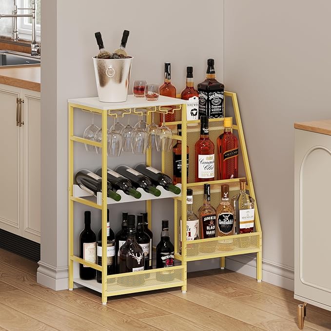 Gold Liquor Stand with Glass Holder, Multifunctional Wine Rack Freestanding Floor with Fences, Mini Bar Table for Liquor Whiskey Wine, 3-Tier Trapezoidal Liquor Cabinet for Home Bar (Patent Pending)