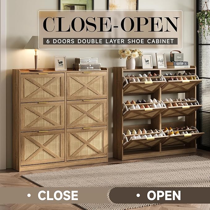 Maupvit Large Shoe Storage Cabinet with 6 Rattan Flip Drawers, Freestanding Organizer with Metal Legs for Entryway, Narrow Shoe Rack Cabinet, Hidden Golden Handles, Rustic Oak Rattan