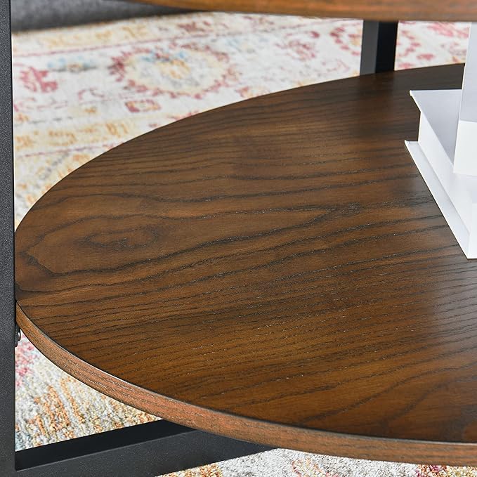 Solid Wood Oval Coffee Table with Cross Metal Legs, 43.3in Modern Industrail Center Table with Open Shelf Cocktail Tea Table for Living Room Bedroom, Rustic Brown 1811NC