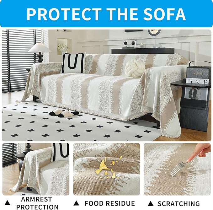 LUFEIJIASHI Boho Couch Covers for Sofa Non Slip Sofa Covers Washable Couch Covers for 3 Cushion Couch Sofa Pet Friendly Sectional Couch Cover Blanket Furniture Protector for Dogs (Khaki, 91"x150")