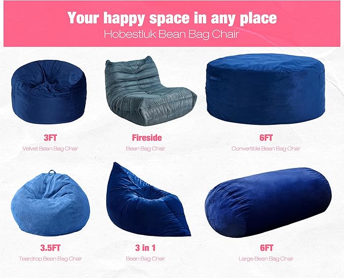 Hobestluk 6FT Bean Bag Chair Large Beanbag Lounger with Removable Cover Adult Bean Bag Chair with Portable Handle Desgin for Living Room Bedroom (Blue, 6FT)