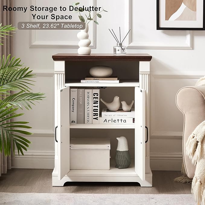 24" Farmhouse Storage Cabinet with Barn Doors, Antique White Freestanding Sideboard Buffet with Adjustable Shelf, Pantry Hutch Coffee Bar for Kitchen Bathroom Living Room - Small Floor Cabinet