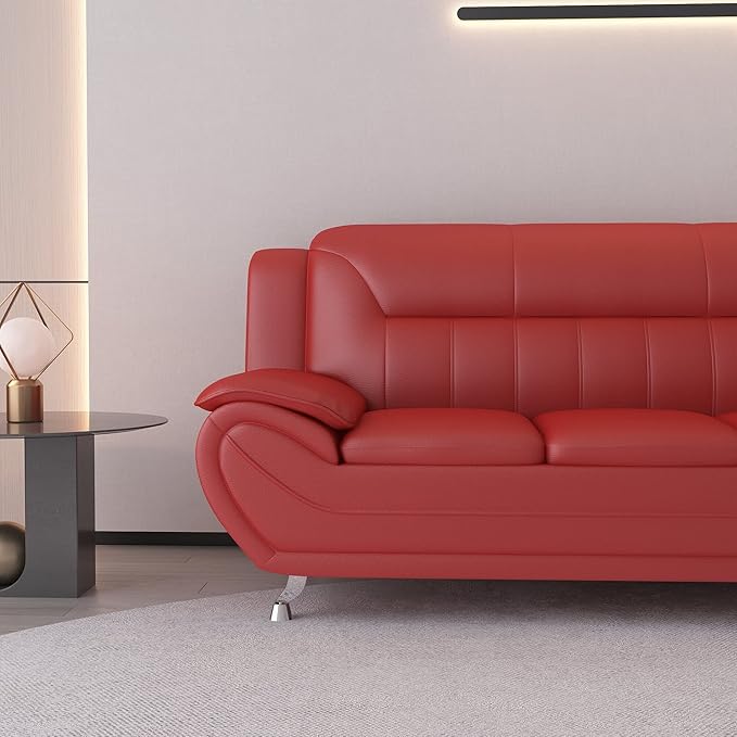Container Furniture Direct Michael Modern Faux Leather Upholstered Stainless Steel Legs Living Room Sofa, Red