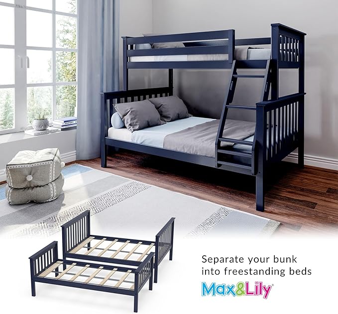 Max & Lily Bunk Bed Twin Over Full Size with Ladder, Solid Wood Platform Bed Frame with Ladder for Kids, 14" Safety Guardrails, Easy Assembly, No Box Spring Needed, Blue