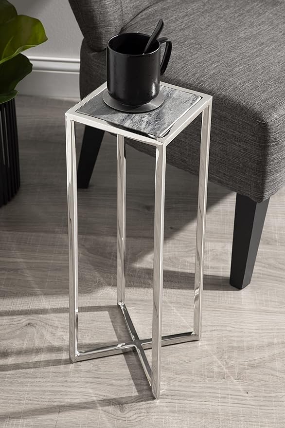 Kate and Laurel Jaspur Modern Drink Table, Gray and Silver, Decorative Glam Marble Accent Table for Display and Storage