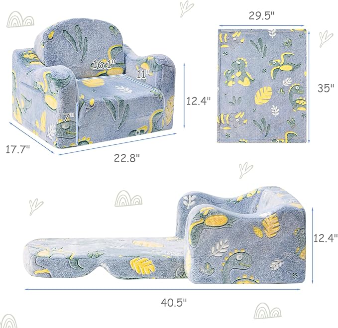 Comfy Toddler Chair and Couch for Kids with Blanket,2-in-1 Soft Plush Fold Out Toddler Couch for Girls and Boys,Convertible Sofa to Lounger for Playroom, Dinosaur
