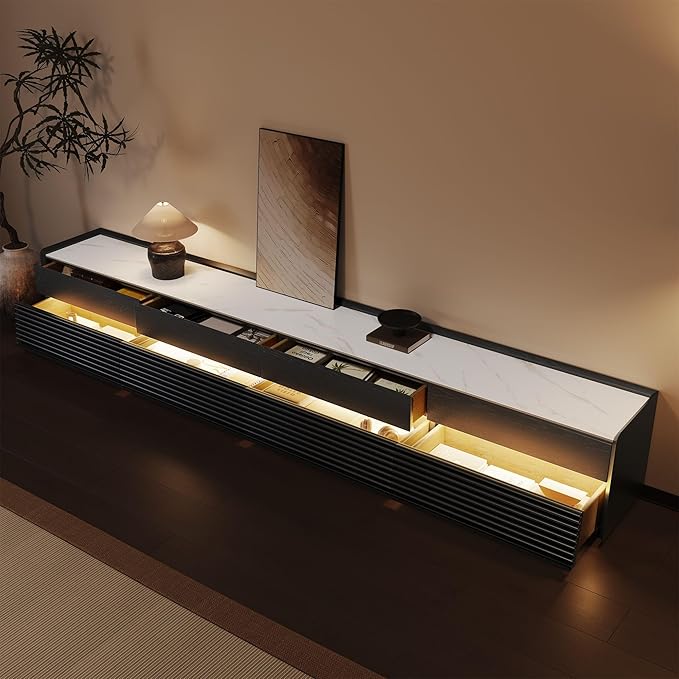 POVISON Fully-Assembled Mid Century Glossy Sintered Stone TV Stand, 118.11" Wood Media Console with Adjustable LED Light, Entertainment Center with Storage for Living Room(Black)