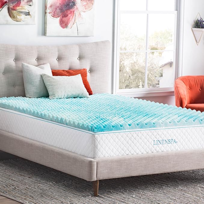 Linenspa Convoluted Gel Memory Foam, 2 Inch, Promotes Airflow, Relieves Pressure Points, Evenly Disperses Body Weight Mattress Topper, Twin XL, Blue Swirl