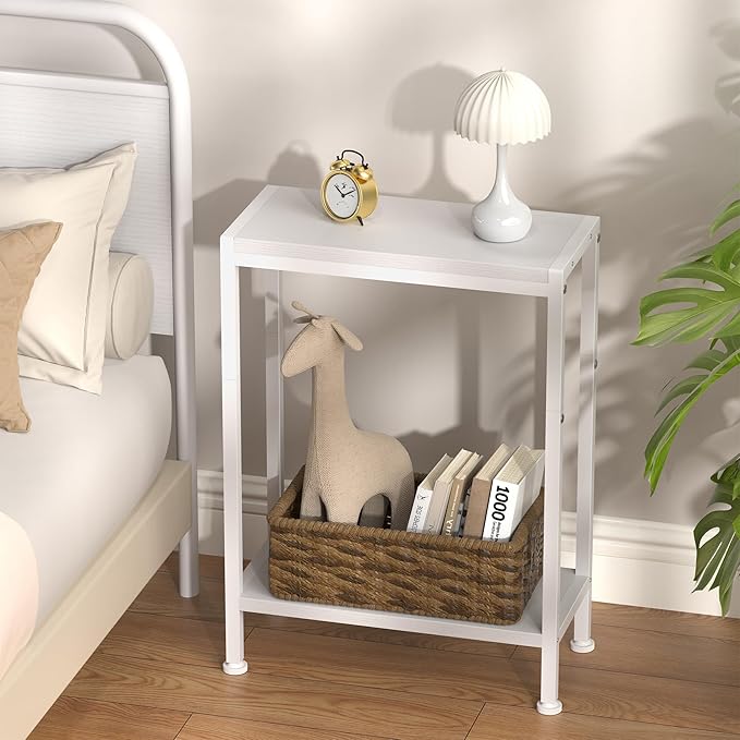 Narrow Side Table for Small Space, 2-Tier Small End Table with Shelf Holder, Slim Nightstand, Skinny Snack Couch Table in Living Room, Bedroom, Study, Kitchen and Balcony (White)