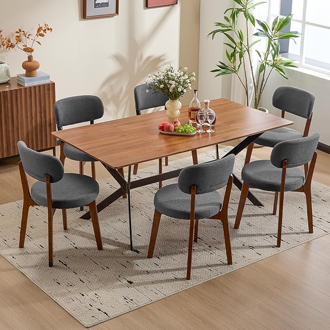 Furniliving Wooden Dining Chairs Set of 2, Mid-Century Modern Linen Upholstered Kitchen Chair with Solid Oak Wood, Farmhouse Dining Room Chairs, Grey