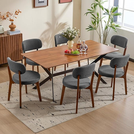 Furniliving Wooden Dining Chairs Set of 6, Mid-Century Modern Linen Upholstered Kitchen Chair with Solid Oak Wood, Farmhouse Dining Room Chairs, Grey