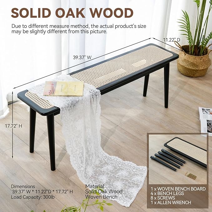 Entryway Bench, Solid Wood Kitchen Dining Bench, Mid Century Modern End of Bed Bench with Rattan Woven Top for Bedroom, Dining Room, Entry Way, 39.4" L x 11.2" W x 17.7" H, Black