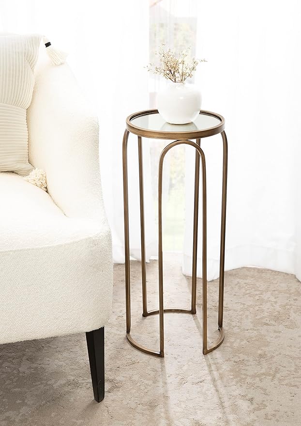 Kate and Laurel Pomeroy Vintage Decorative Drink Table; 11 x 11 x 24; Mirrored Glass and Antique Gold; Traditional Glam Pedestal Table with Arched Base and Round Tabletop