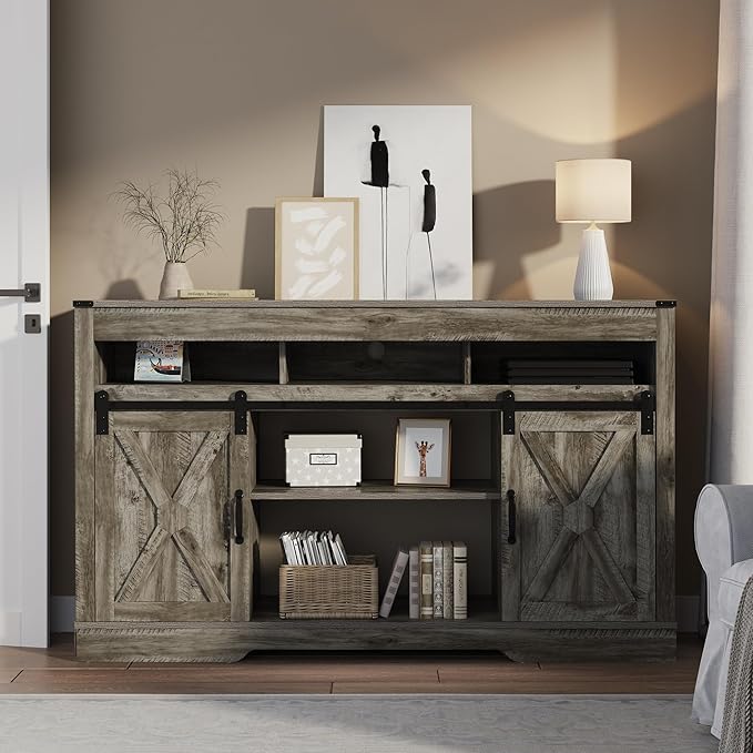 RoyalCraft Farmhouse TV Stand for 23" Electric Fireplace, 34'' Tall Entertainment Center for 65+ Inch TV, 34" Tall Rustic TV Console with Sliding Bar Door for Living Room (Light Grey)