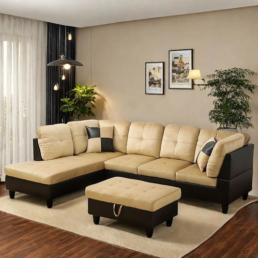 L Shaped Sectional Couch with Otttoman, 103" Sectional Sofa for Living Room Flannel Modular Couches with Cup Holders for Bedroom, Apartments, Beige &Brown