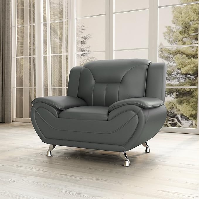 Container Furniture Direct Michael Modern Faux Leather Upholstered Stainless Steel Legs Living Room Sofa, Chair, Sleek Gray
