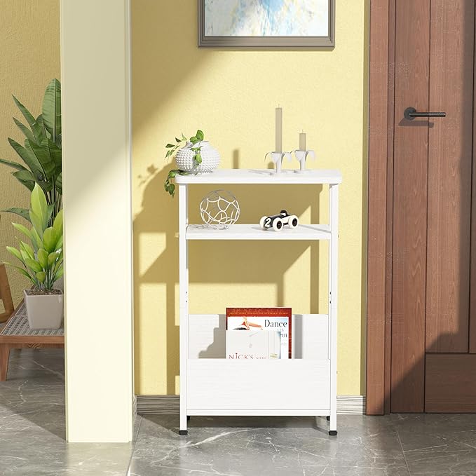 7.1" Narrow Side Table for Small Spaces, 3 Tier Small End Table with Magazine Holder, Slim/Skinny Nightstand/Bedside Table for Living Room, Bedroom, 15.4" L x 24.2" H, White
